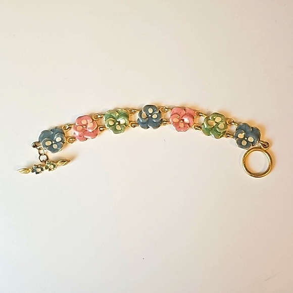 Vintage matte gold enamel pastel orchid bracelet - Picture 1 of 7